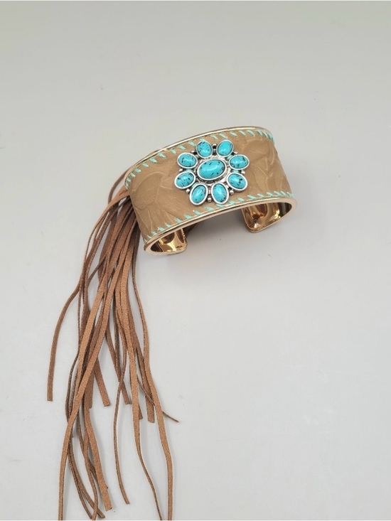 Jewelry - Turquoise Flower Concho Tan Fringe Cuff Bracelet